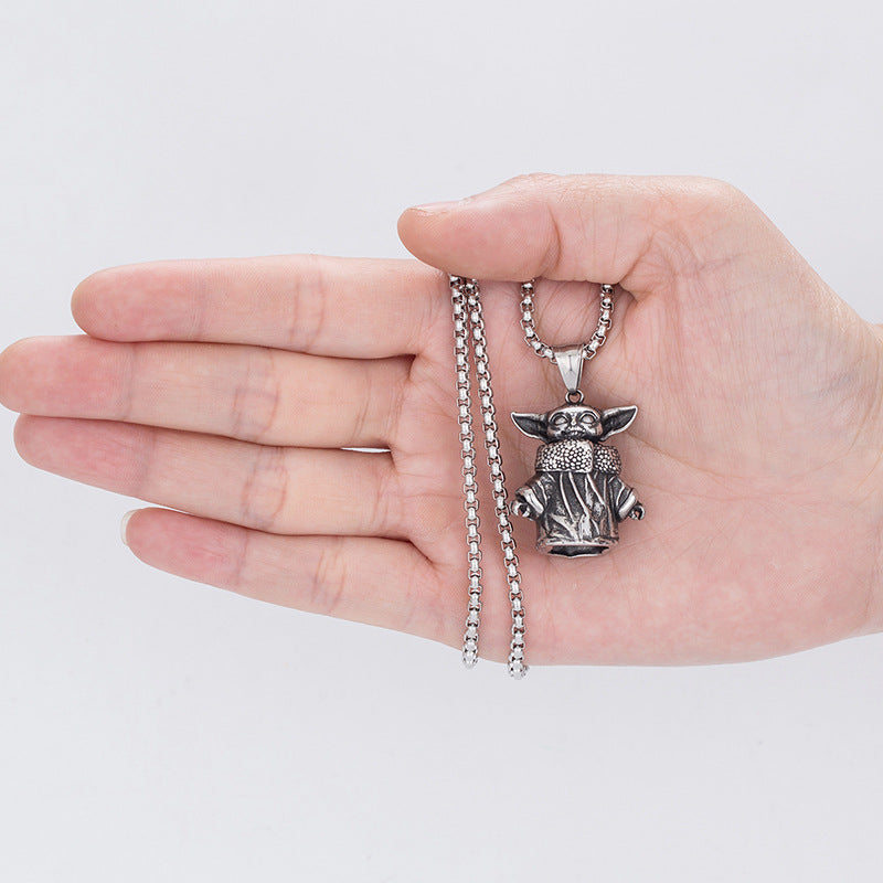 Steel Necklace - Statement Hip Hop Amulet With Yoda Cartoon Motif From Planderful Everyday Genie