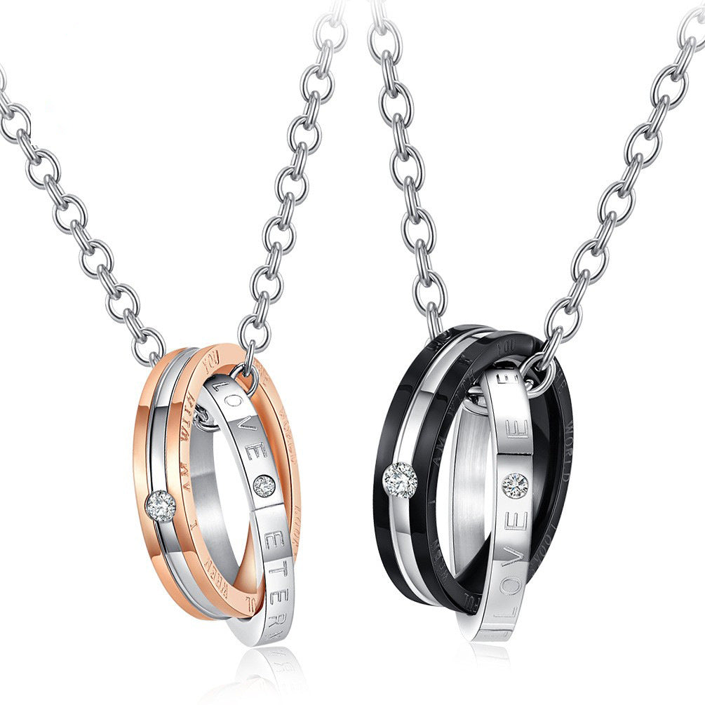Classic Eternal Love Men's and Women's Double Ring Pendant Necklace in Titanium Steel