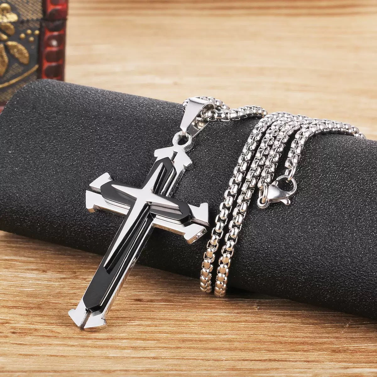 1. Planderful Stainless Steel Cross Necklace Men Three Layer Pendant Hip Hop Style Gift for Him