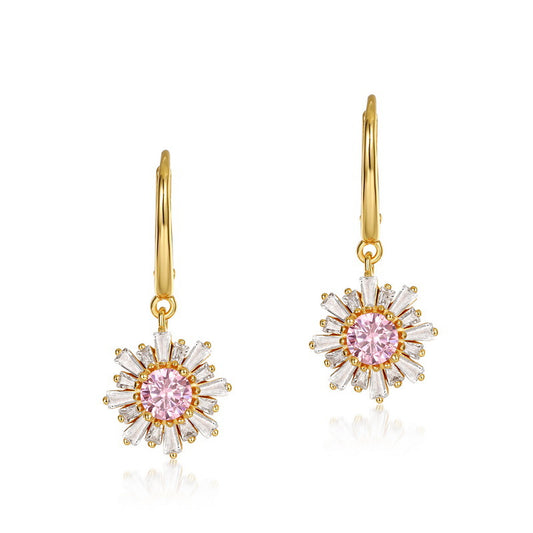 Zircon Pink Sun Flower Pendant Sterling Silver Drop Earrings