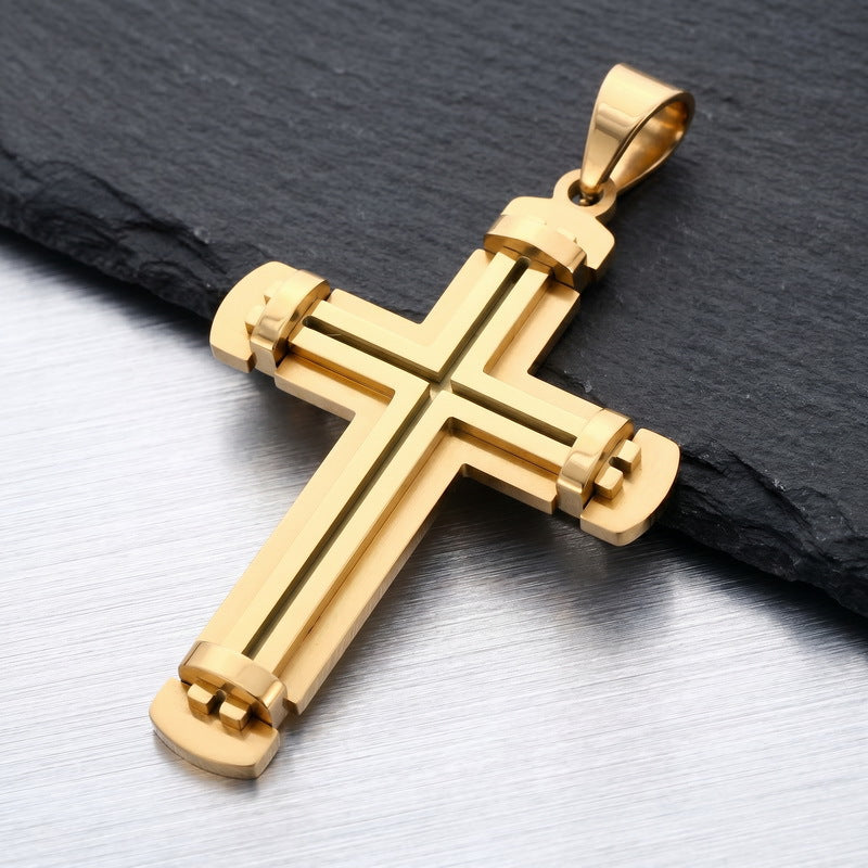 Hip-Hop Style Retro Rock Double-Layer Rivet Splicing Cross Titanium Steel Pendant Men's Color Necklace