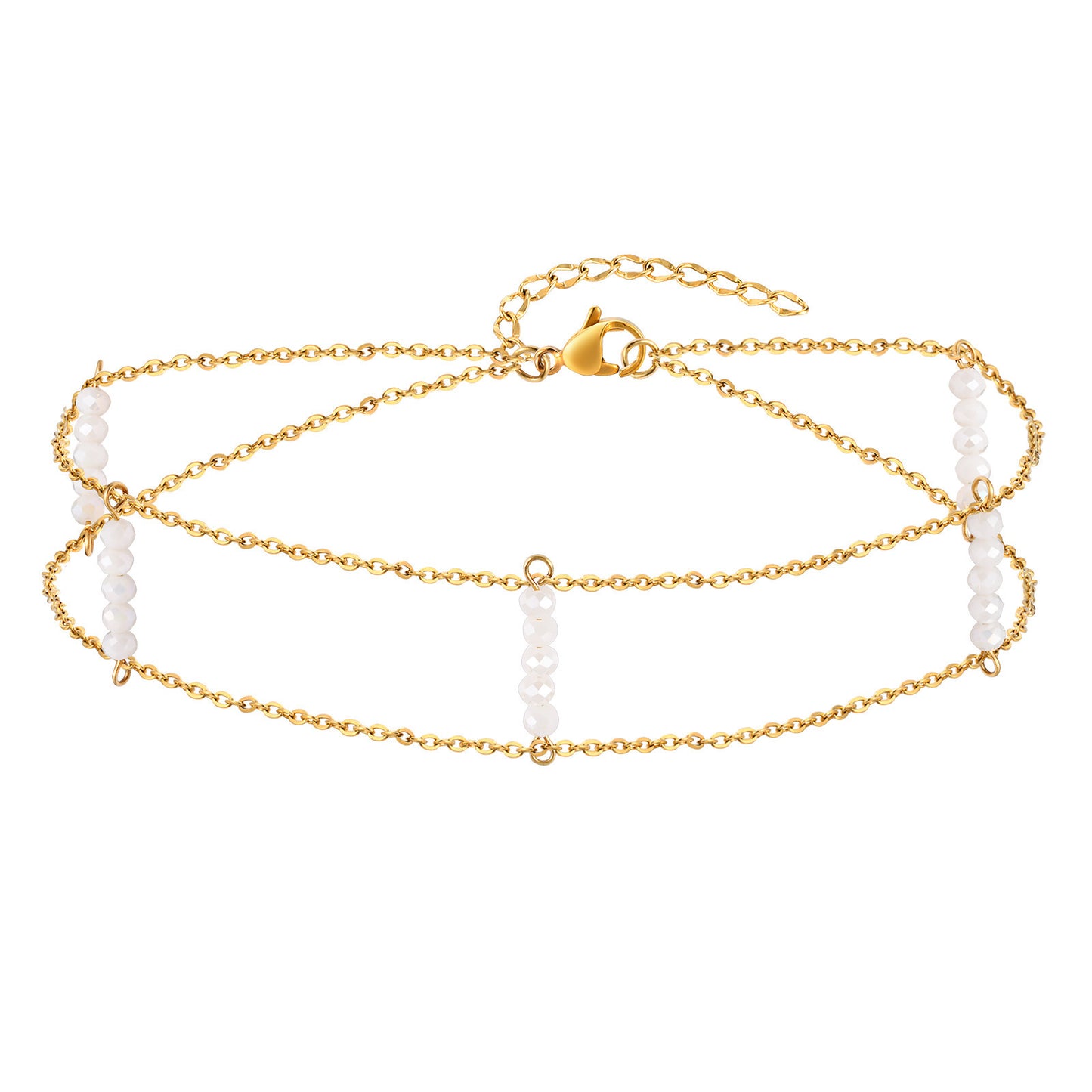 Chokers Stainless Steel Flat Cross Chain White Crystal Cut Beads Double Gold Necklace
