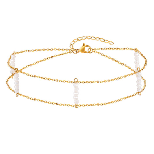 Chokers Stainless Steel Flat Cross Chain White Crystal Cut Beads Double Gold Necklace