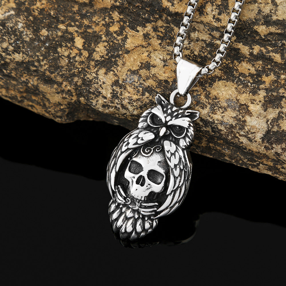 New Stainless Steel Owl Pendant Retro Skull Necklace for Men