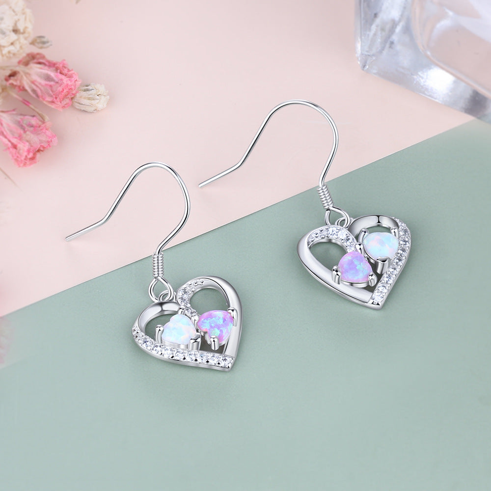 Planderful Jewelry Sterling Silver Opal Heart Earrings With Zircon Drops For Everyday Elegance