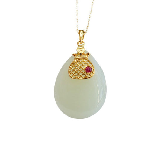 Water Drop White Jade Money Bag Necklace crafted in S925 Sterling Silver with Hotan Natural Jade