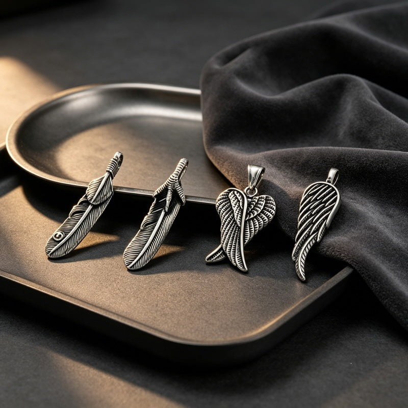 Retro Style Feather Wings Pendant Indian Style Eagle Claw Feather Angel Wings Stainless Necklace