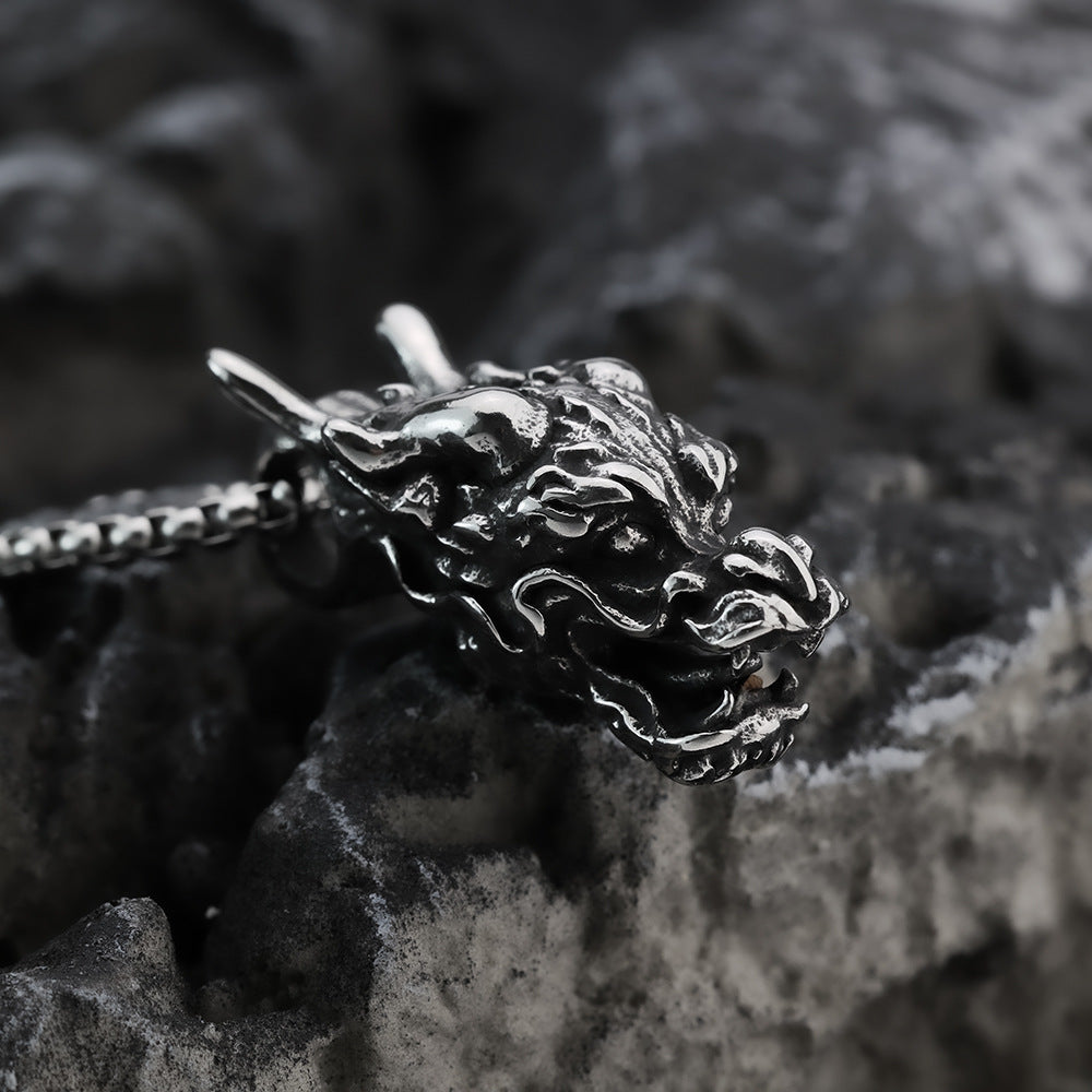 European And American Retro Stainless Steel Dragon Head Pendant Necklace For Men