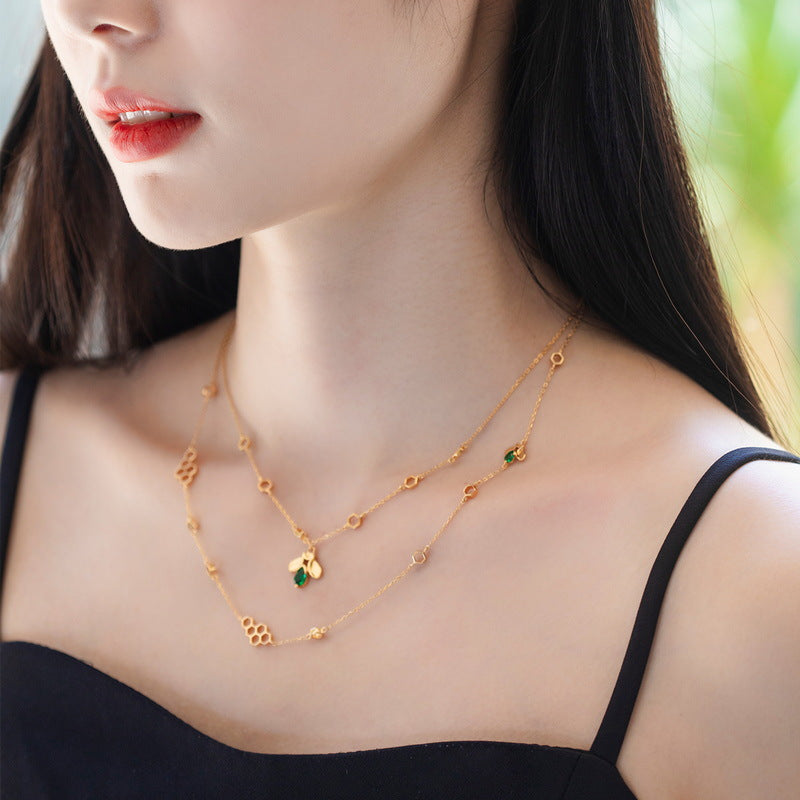 Honeycomb Green Zircon Bee Sterling Silver Necklace