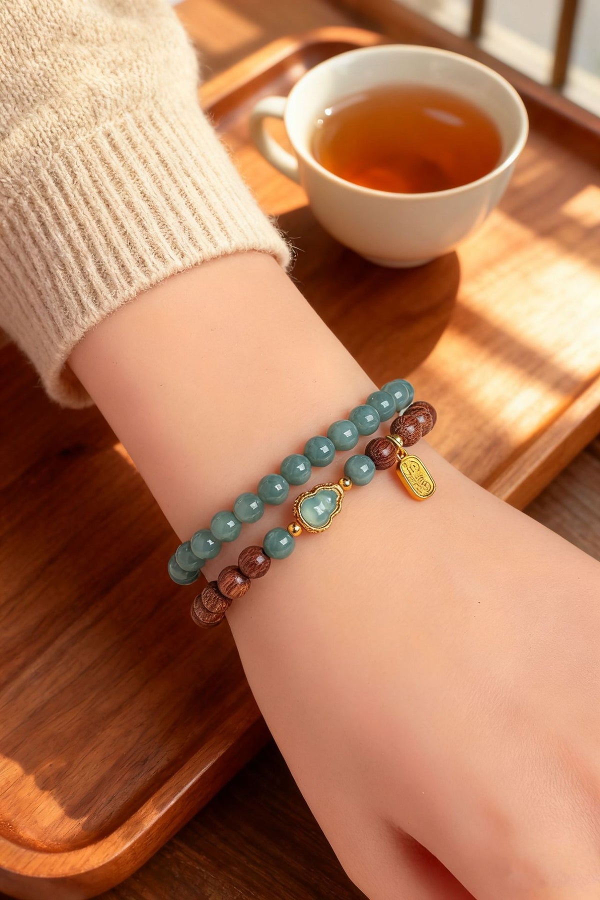 Chalcedony Sandalwood Jadeite Gourd Double-Wrap Bracelet