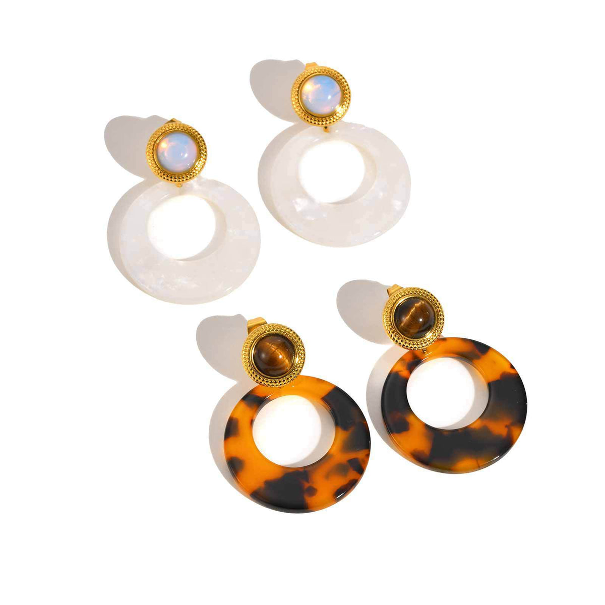 Stainless Steel Opal Tiger's Eye Vintage Earrings