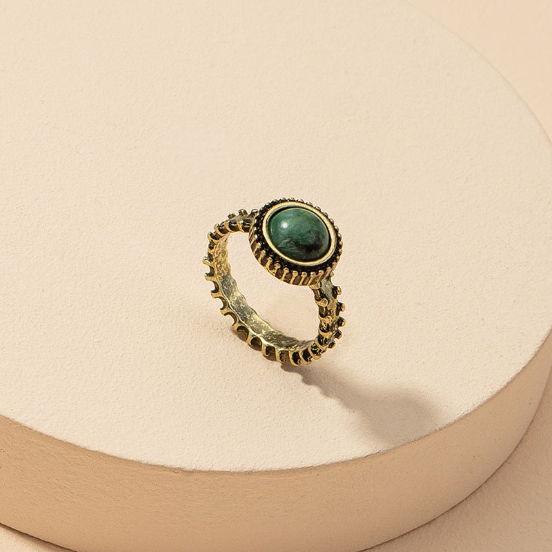 Wholesale Retro Green Stone Ring with Cross-Border Design