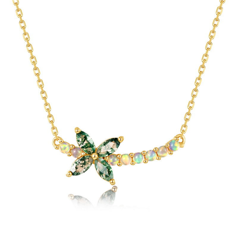 S925 Sterling Silver Gold-Plated Moss Agate Flower Necklace