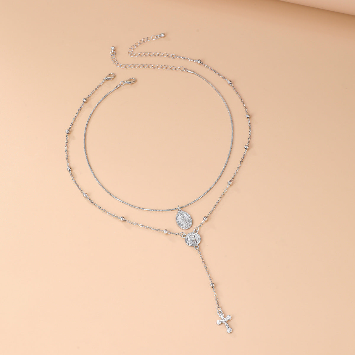 Wind Stacked Cross Fringed Necklace Round Bead Snake Bone Chain Multi-Layer