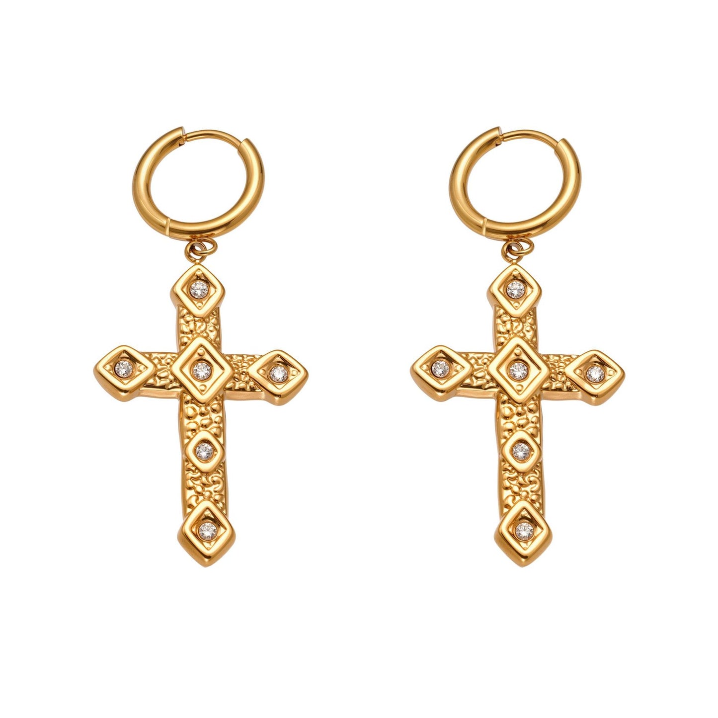 Planderful 18K Gold Texture Cross Zircon Earrings For Women