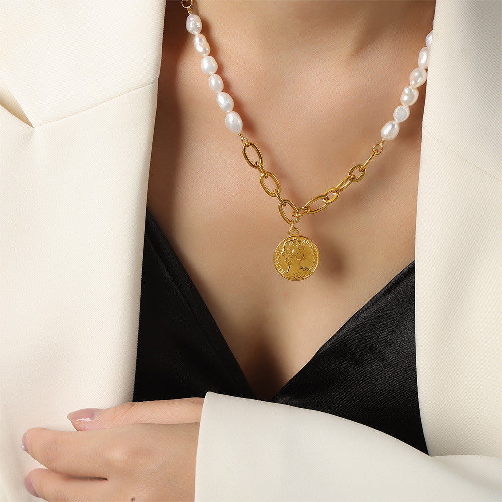 Elegant Gold-Plated Pearl Necklace with Titanium Steel Pendant