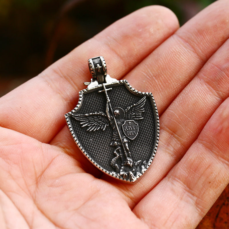 Stainless Steel Cross Shield – Mythological Angel Titanium Steel Pendant Necklace