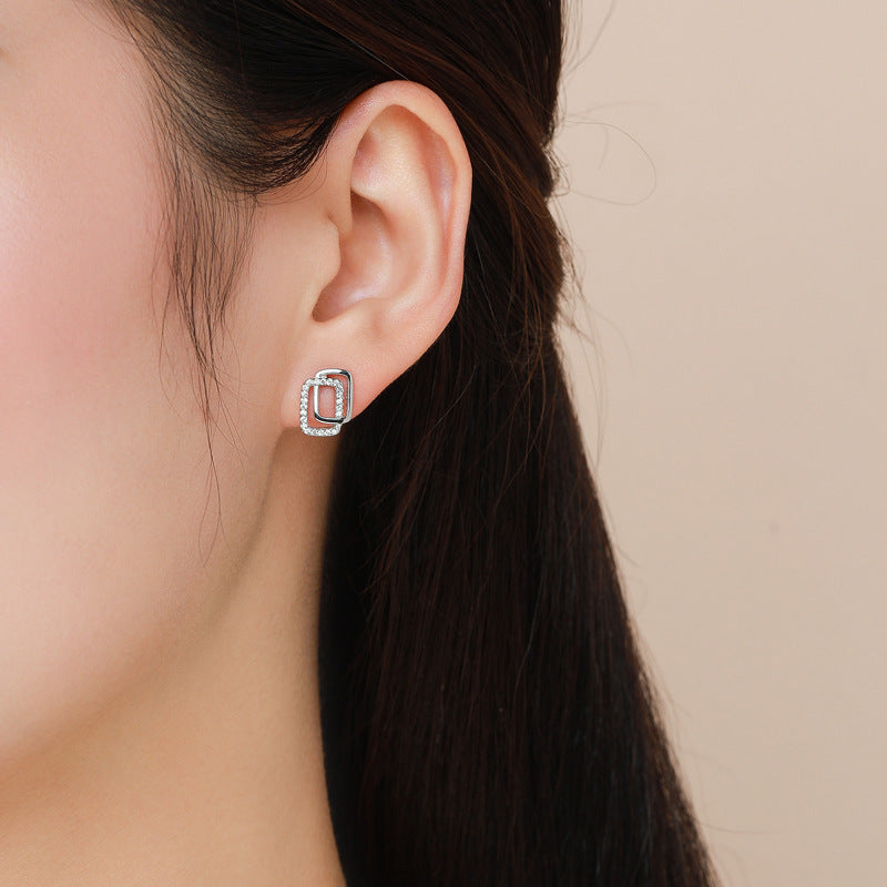 Trendy Three-Dimensional Sterling Silver Earrings with Zircon Gem
