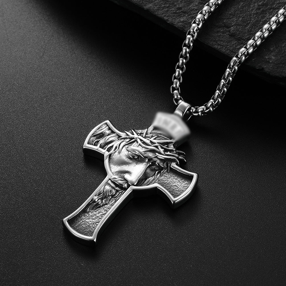 Retro Style Stainless Steel Portrait Cross Necklace Pendant for Men