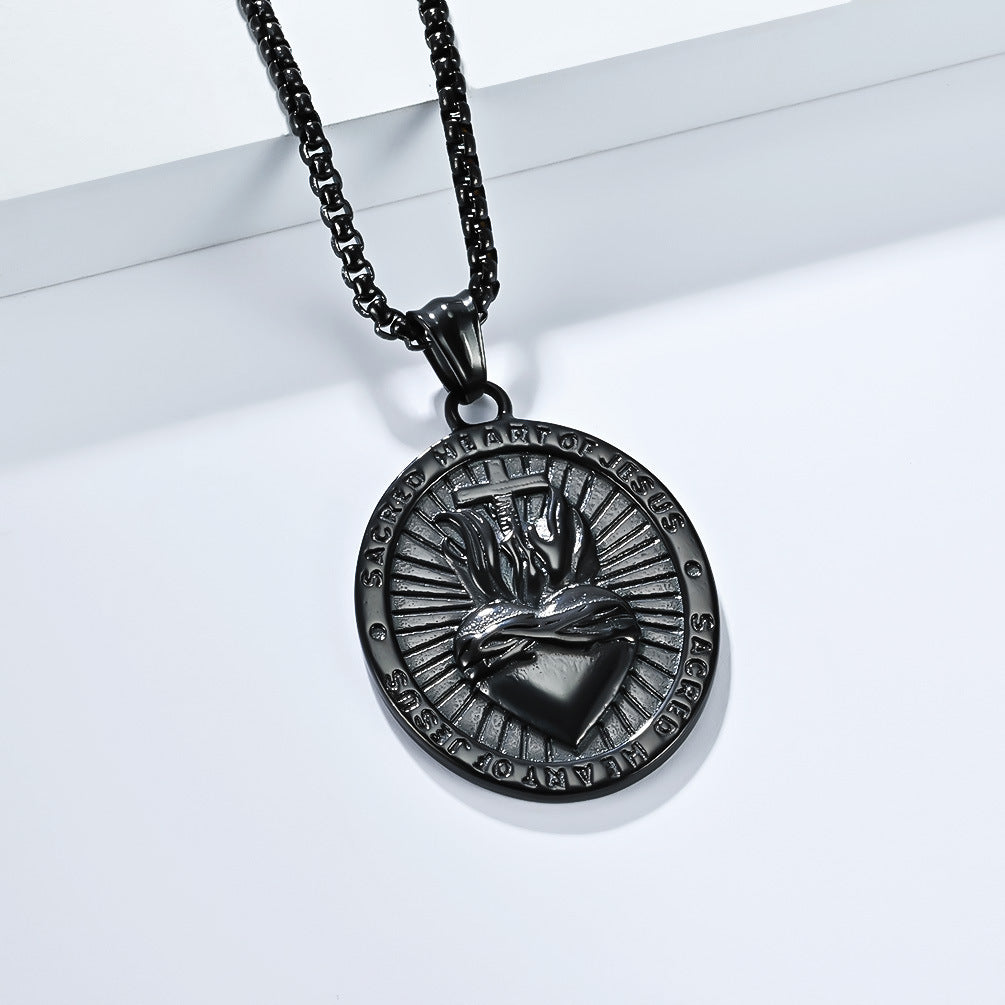 Planderful Sacred Heart Cross Necklace For Men Titanium Steel Durable Retro European American Design