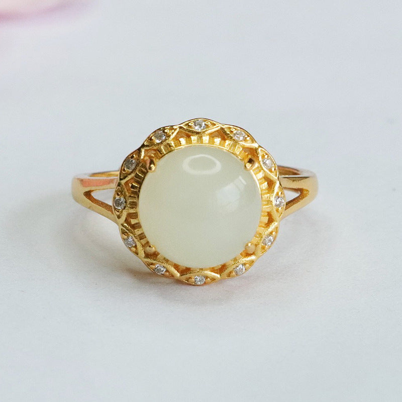 Sterling Silver Natural Hetian Jade and Zircon Round Ring