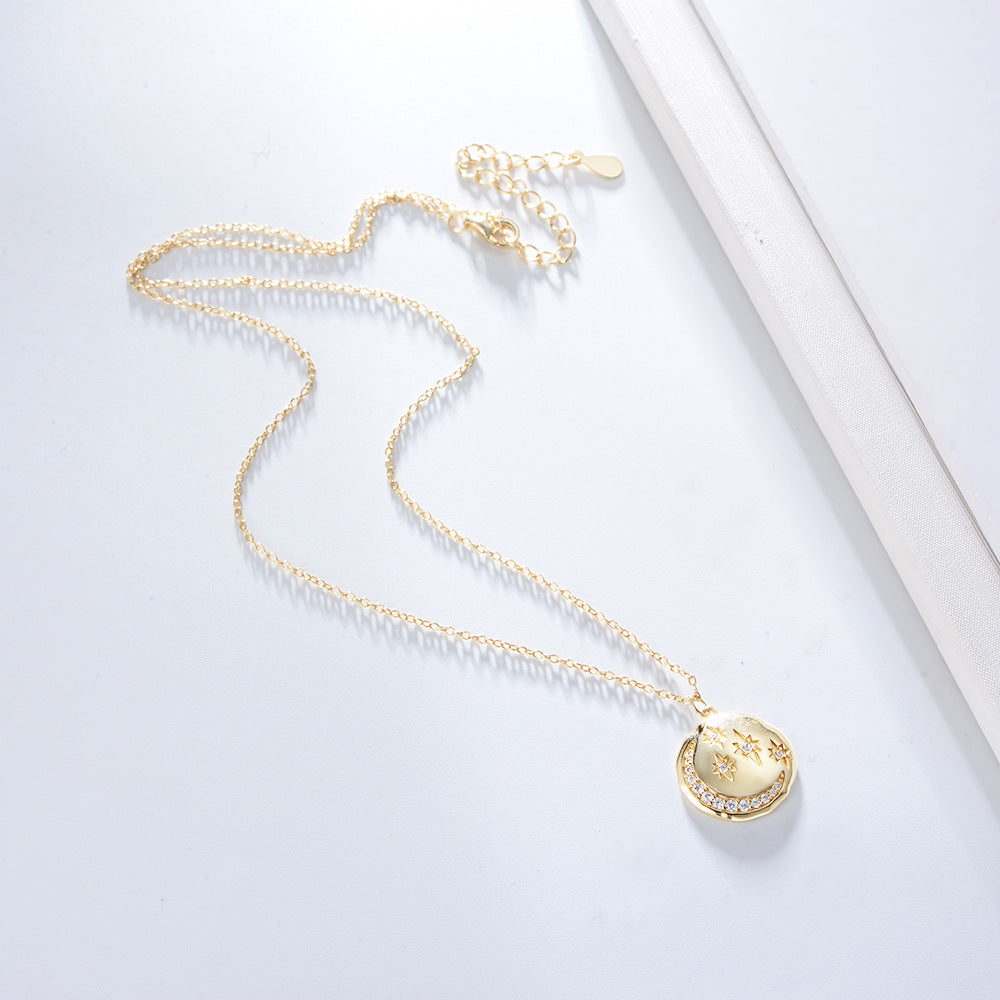 S925 Sterling Silver Round Coin Star Moon Necklace Wind Inlaid Zircon Women