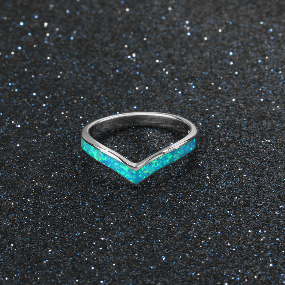 Planderful Jewelry Blue Opal Ring Sterling Silver V Shape Size 6 7 8 Elegant Everyday
