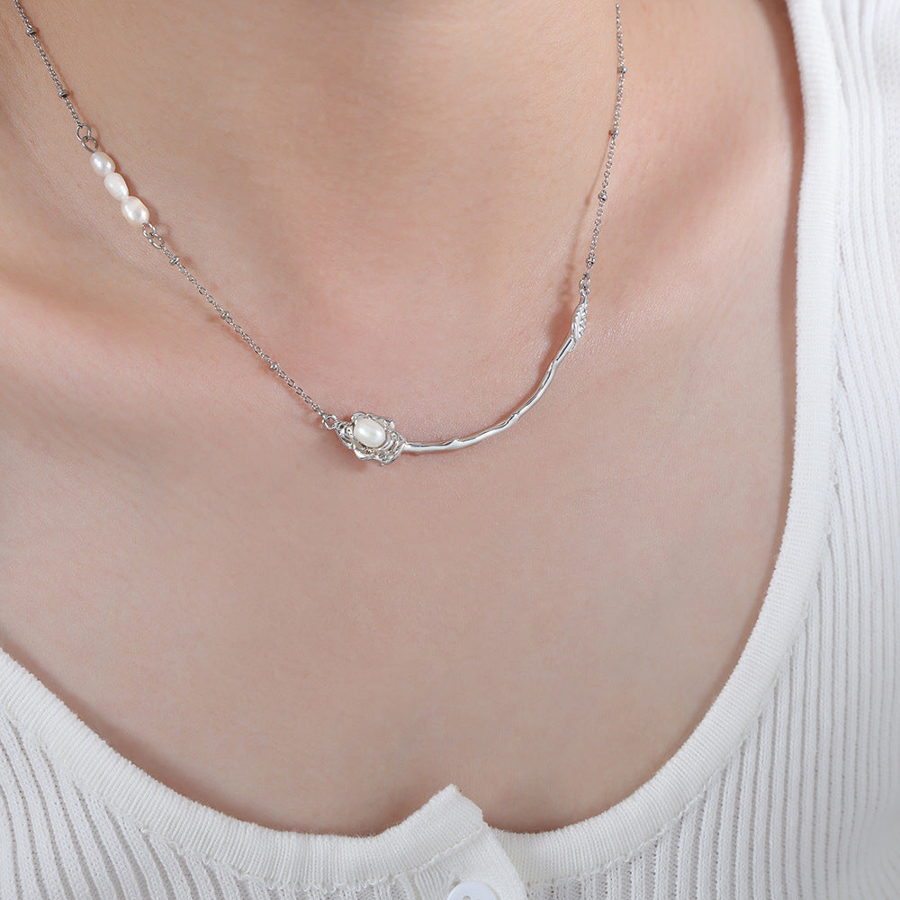 Elegant Titanium Steel Rose Pendant Necklace with Freshwater Pearl - Fashionable Jewelry from Planderful Collection