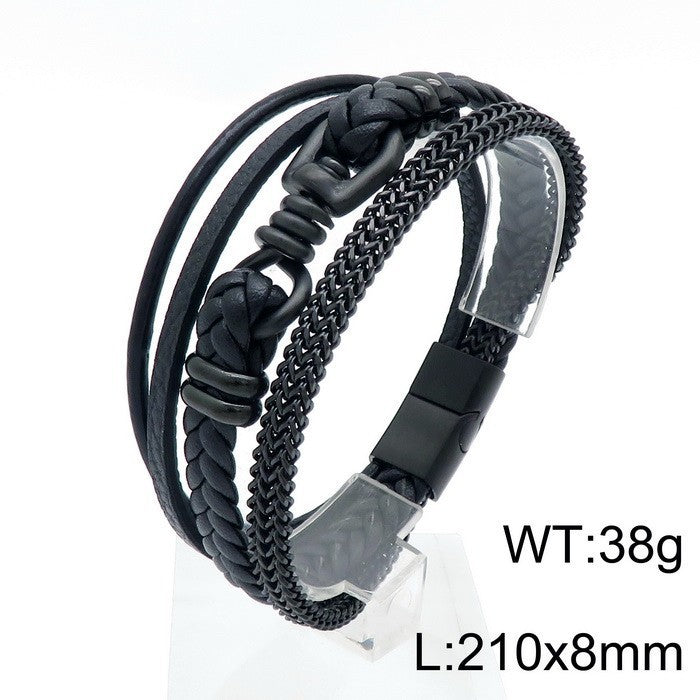 Planderful Men Leather Chain Bracelet Multi Layer Punk