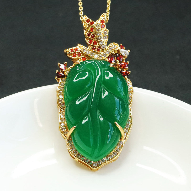 Leaf Pendant Necklace with Green Chalcedony and Zircon Accents