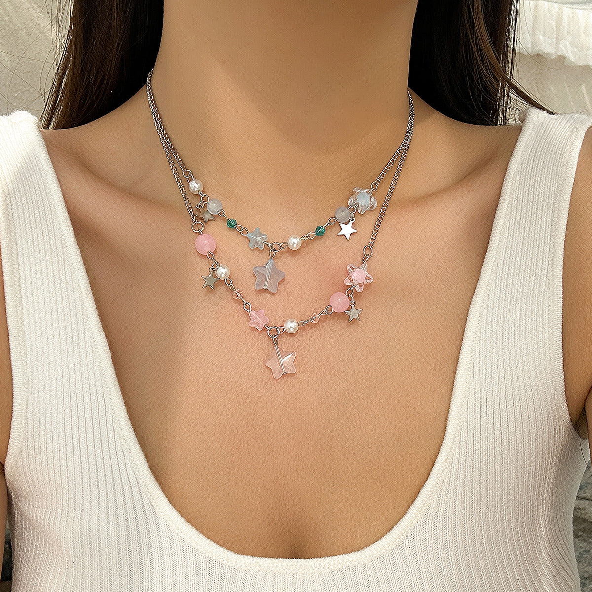 Cross-border Spice Girl Star Sweet Choker Necklace with Imitation Pearls and Metal Beads