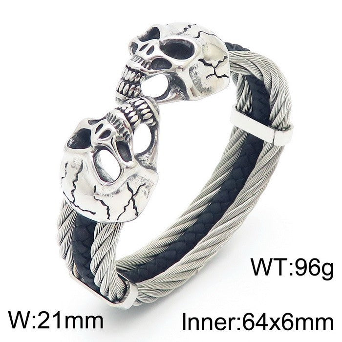 Planderful Mens Skull Wolf Head Steel Leather Bracelet