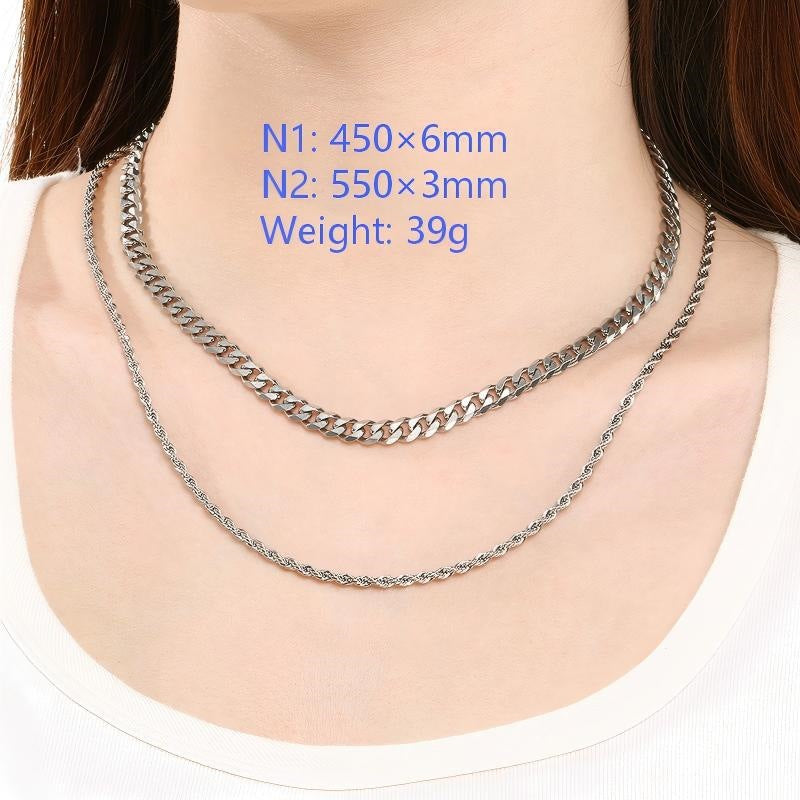 Hipster Stainless Steel Plain Chain Hip Hop Simple Multilayer Stacked Strap Cuban Chain Necklace