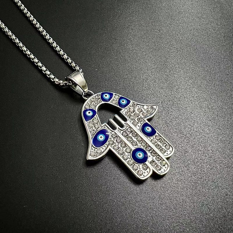 Planderful Everyday Genie Unisex Hamsa Fatima Evil Eye Necklace Hip Hop Style Titanium Steel Gold Plated Zircon Pendant