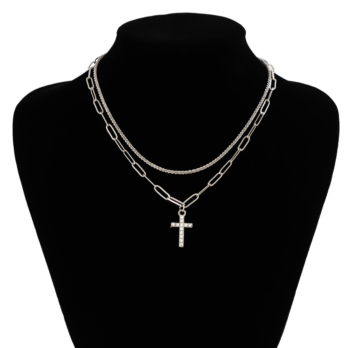 Cross Double Pendant Sparkling Diamond Clavicle Necklace for Women