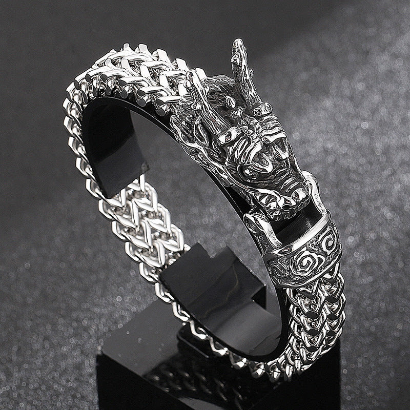 Front & Back Chain Bracelet – Punk Style Smear Casting Zodiac Dragon Head Stainless