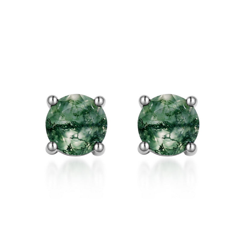 Planderful Jewelry Sterling Silver Moss Agate Stud Earrings Four Claw Round Green Gem for Everyday Elegance