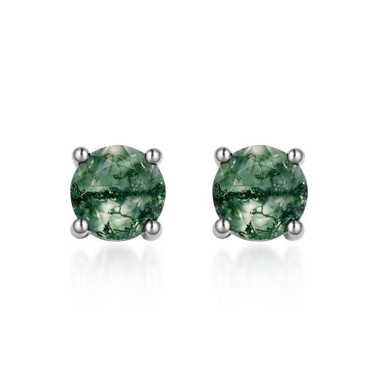 Planderful Jewelry Sterling Silver Moss Agate Stud Earrings Four Claw Round Green Gem for Everyday Elegance