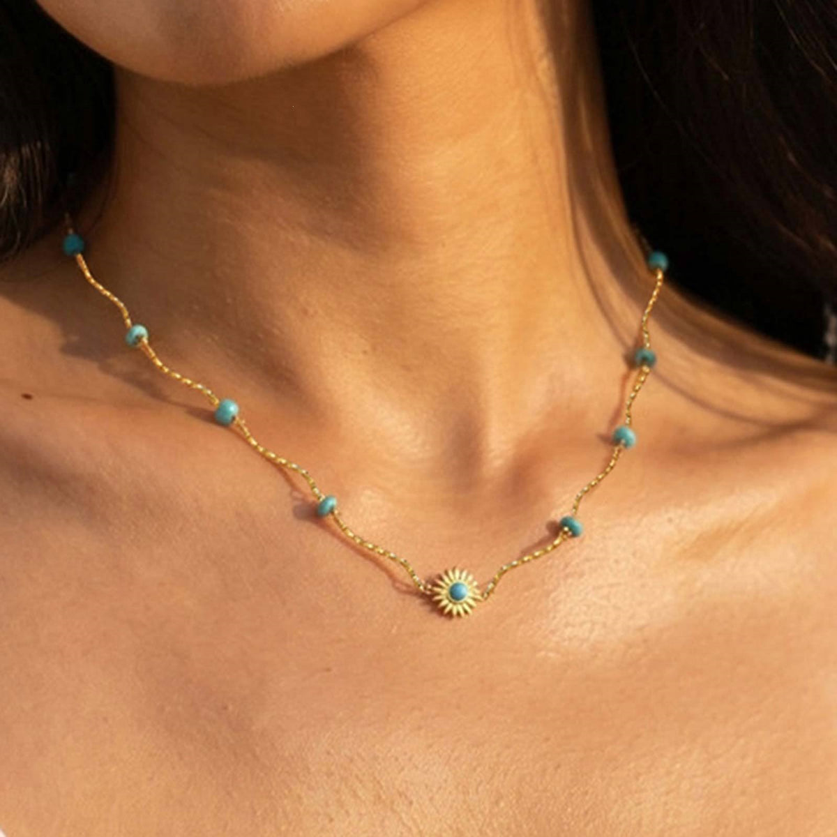 Stainless Steel Shell Turquoise Beads Stacked Women's Neck Chain Necklace