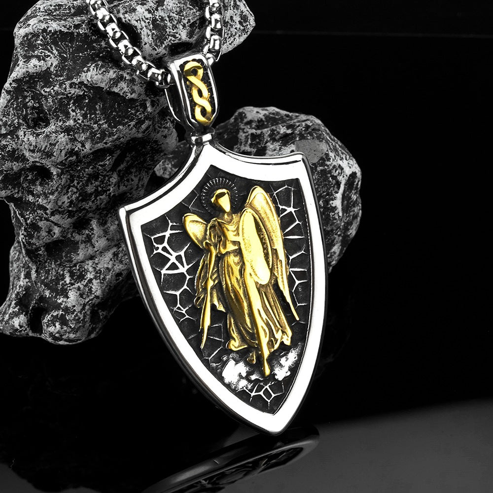 Vintage Men's Stainless Steel Pendant St. Michael's Angel Necklace