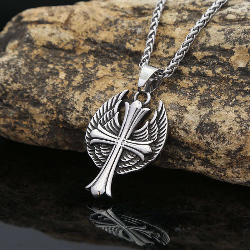 European and American Titanium Steel Necklace Retro Wing Cross Pendant for Men