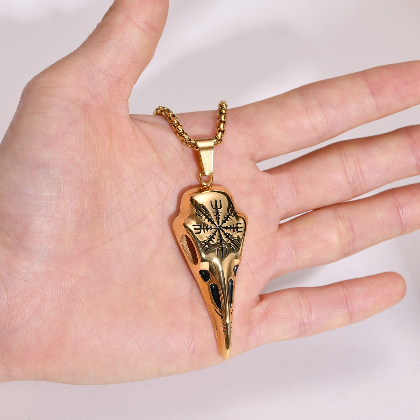 Stainless Steel Viking Crow Skull Pendant Gold Men's Necklace