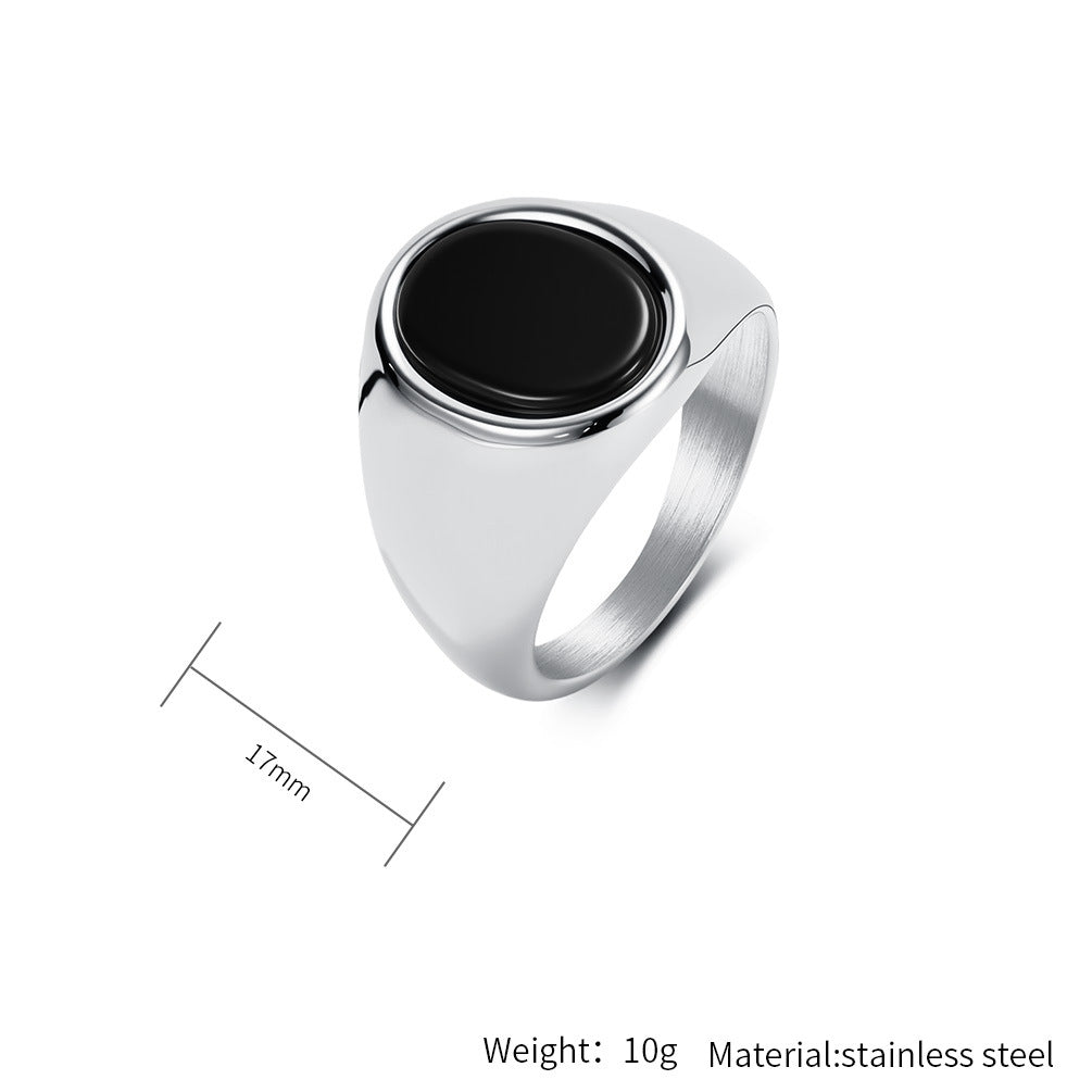 Planderful Titanium Steel Ring For Men Bold Black Stone Oval Geometric Design Everyday Jewelry