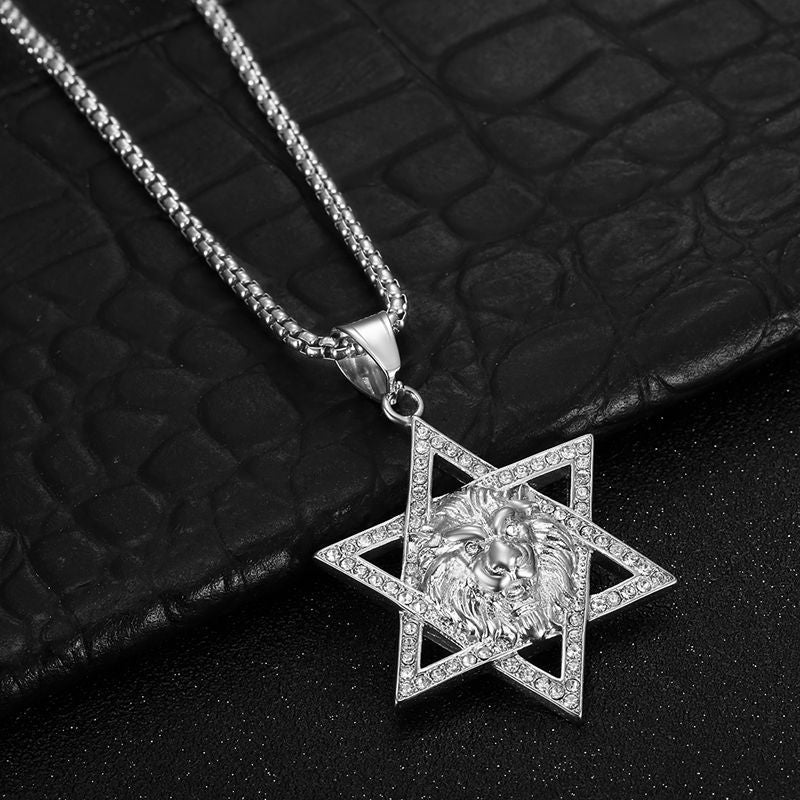 Planderful Everyday Genie Lion Head Hexagram Pendant Necklace Stainless Steel Zircon Unisex Jewelry