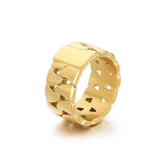 Planderful Mens Hollow Ring 18K Gold Titanium Cuban Chain
