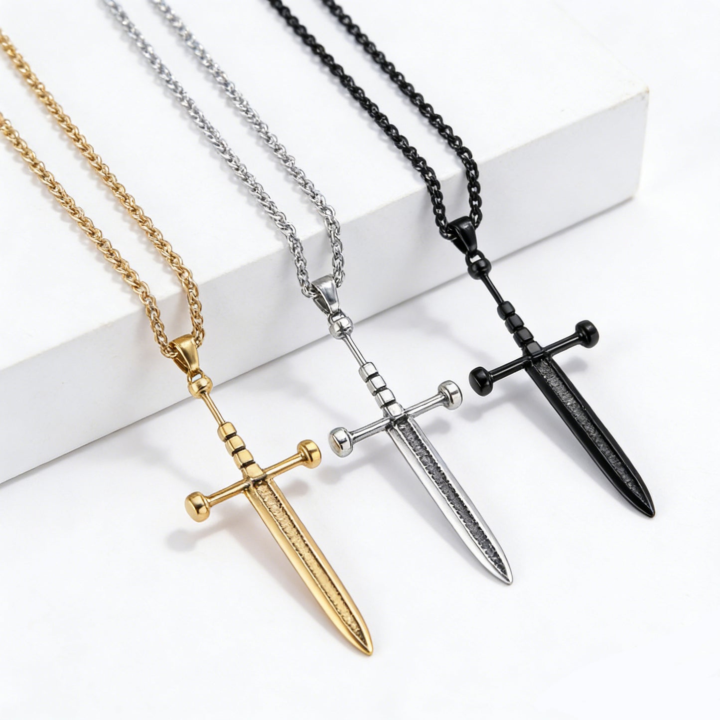 Steel Necklace – Vintage Knight Sword Cross Pendant For Everyday Wear By Planderful