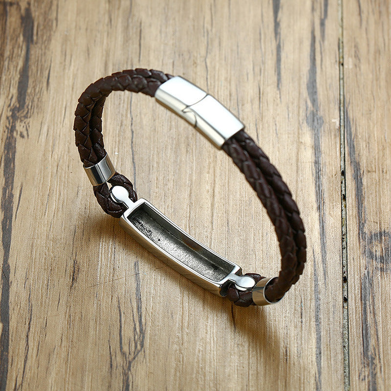 Leather Trendy Simple Blank Stainless Steel Bracelet for Men