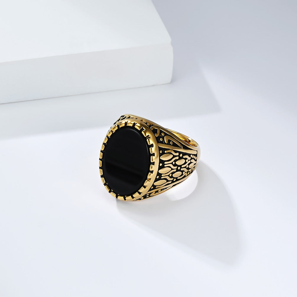 Stainless Steel Black Gemstone Ring Men's Gold-Plated