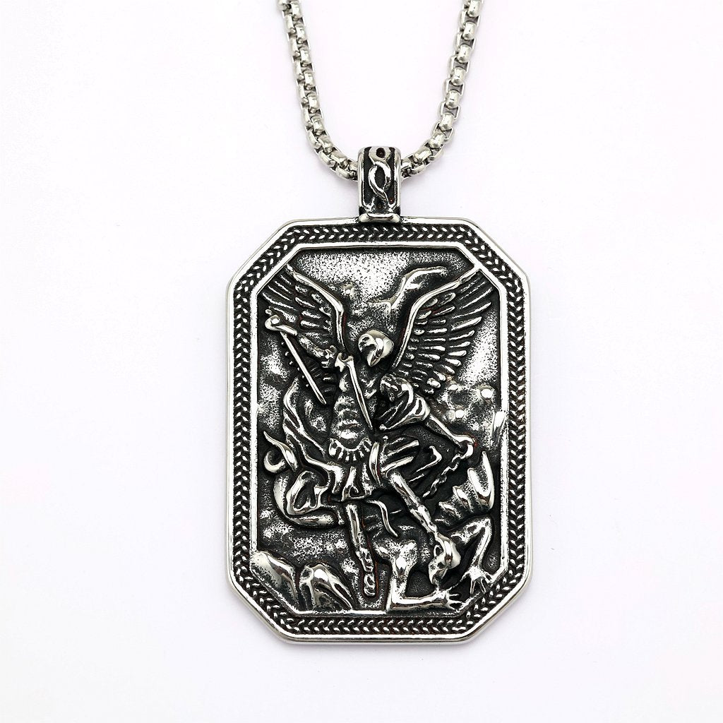 Vintage St. Michael Angel Stainless Steel Pendant Necklace