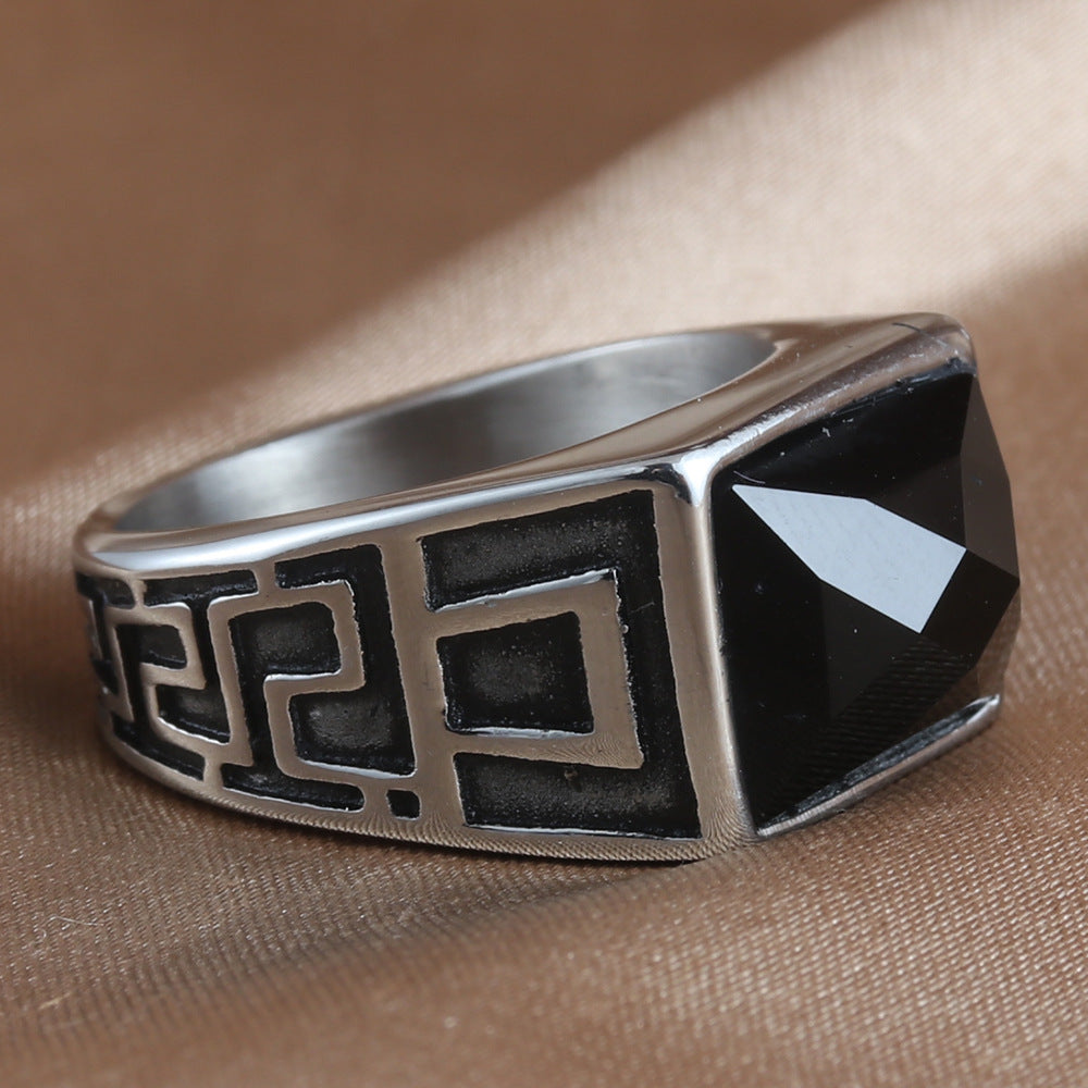 Titanium Steel Great Wall Totem Ring - Retro Trendy Punk Style for Men with Black Stone Accent